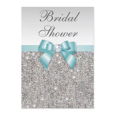 Faux Silver Sequins Teal Blue Bridal Shower Invitations