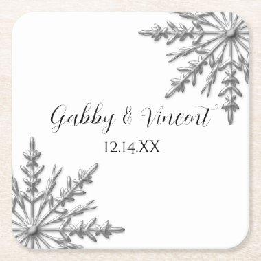 Faux Silver Snowflakes Winter Wedding Square Paper Coaster