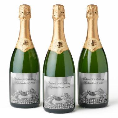 Faux Silver Wedding Elegant Name Date Script Sparkling Wine Label