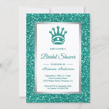 Faux Teal Glitter Tiara Princess Bridal Shower Invitations