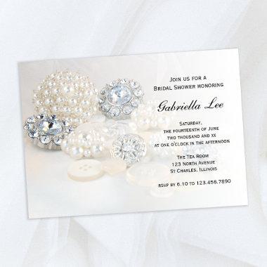 Faux White Pearl Diamond Buttons Bridal Shower Invitations