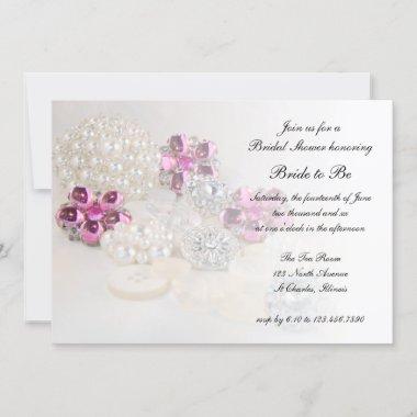 Faux White Pearl Pink Diamond Button Bridal Shower Invitations