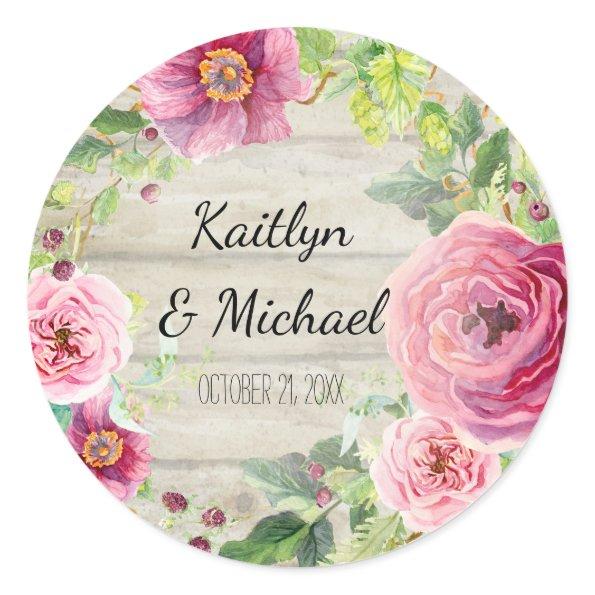 Favor Decor Rose Peony Rustic Wood Floral Wreath Classic Round Sticker