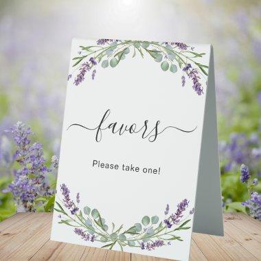 Favor party lavender violet floral eucalyptus table tent sign