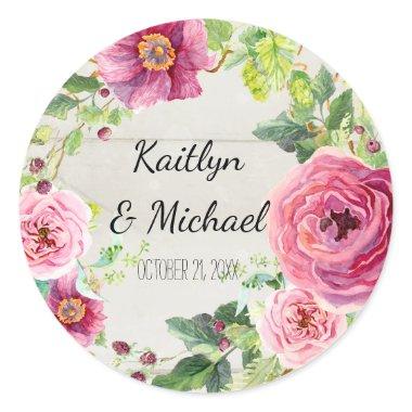 Favor Rose Peony Rustic Gray Wood Floral Wreath Classic Round Sticker