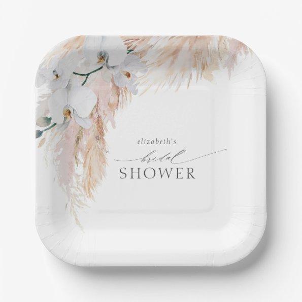 Feathery Pampas Grass White Orchids Bridal Shower Paper Plates