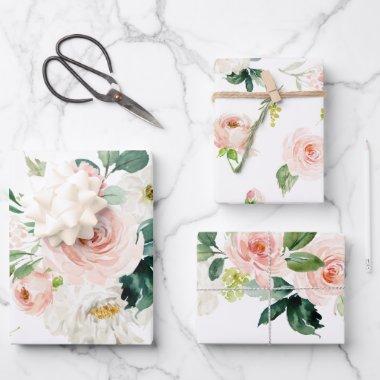 Feminine Blush Pink and White Watercolor Floral Wrapping Paper Sheets