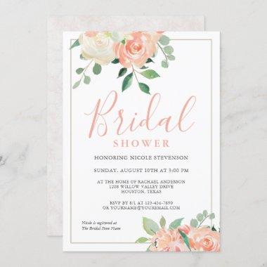 Feminine Peach Watercolor Floral Bridal Shower Invitations