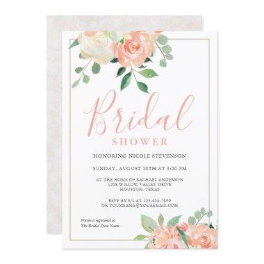 Feminine Peach Watercolor Floral Bridal Shower Invitations