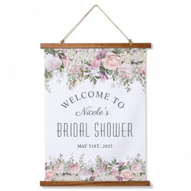 Feminine Pink Rose Floral  Welcome Hanging Tapestry