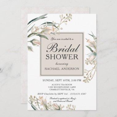 Feminine White Rosebuds Floral Bridal Shower Invitations