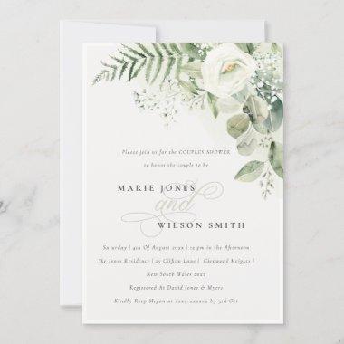 Fern Greenery White Floral Couples Shower Invite