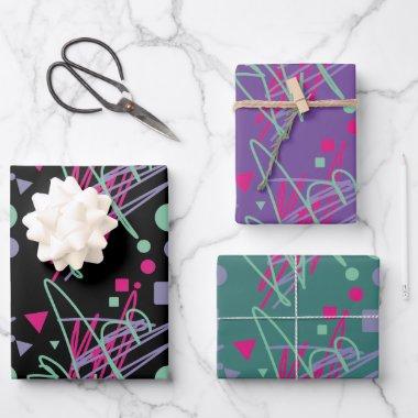 Festive Pink Teal Purple Dots Squares Triangles Wrapping Paper Sheets