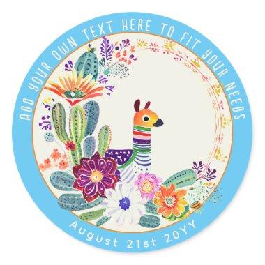 FIESTA Cacti Llama Folkart Flowers Blue Custom Classic Round Sticker