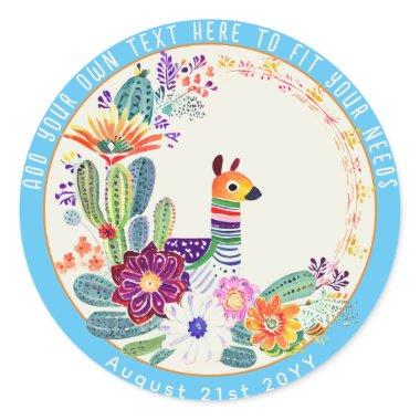 FIESTA Cacti Llama Folkart Flowers Blue Custom Classic Round Sticker