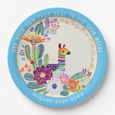 FIESTA Cacti Llama Folkart Flowers Blue Custom Paper Plates