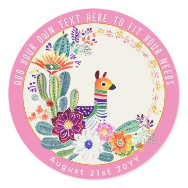FIESTA Cacti Llama FolkFlowers Pink Custom Classic Round Sticker