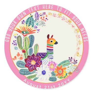 FIESTA Cacti Llama FolkFlowers Pink Custom Classic Round Sticker