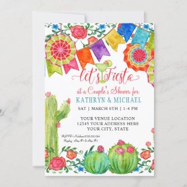 Fiesta Margarita Floral Cactus Art Couples Shower Invitations