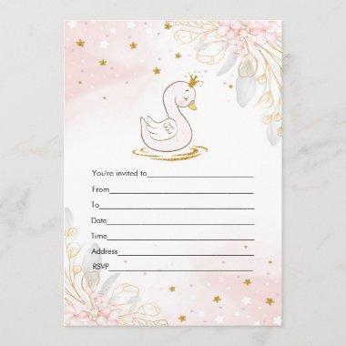 Fill in Invitations pink gold swan watercolor