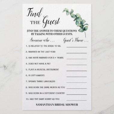 Find the Guest Eucalyptus Bridal Shower Game Invitations Flyer