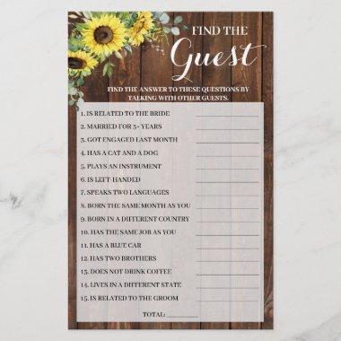 Find the Guest Sunflowers Bridal Shower Game Invitations Flyer