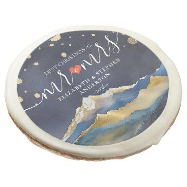 First Christmas Mr Mrs Watercolor Mountain Wedding Sugar Cookie