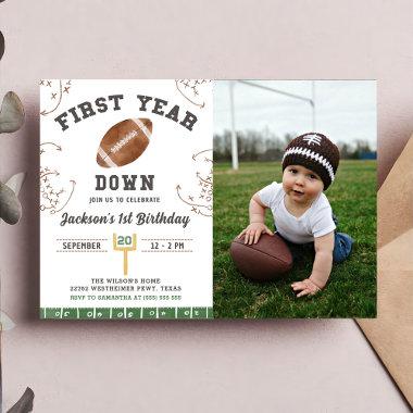 First Year Down Football 1st Birthday Party Photo Invitations