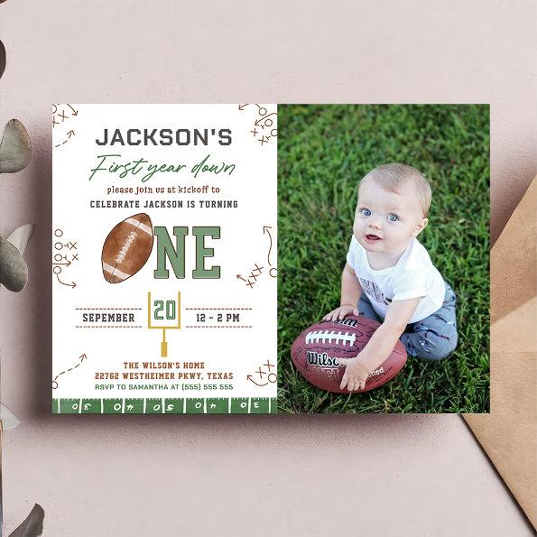 First Year Down Football First Birthday Photo Invitations