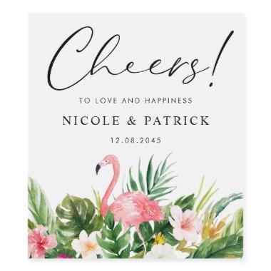 Flamingo and Tropical Flowers Summer Wedding Wine Label
