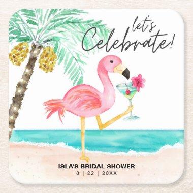 Flamingo Beach Cocktail Tropical  Square Paper Coaster