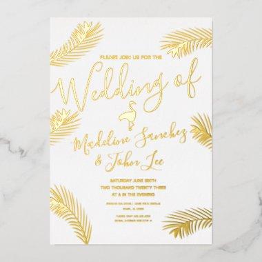 Flamingo Palm  Foil Pressed Wedding Invitations