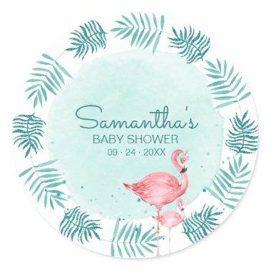 Flamingo & Palm Leaves Teal Watercolor Baby Shower Classic Round Sticker