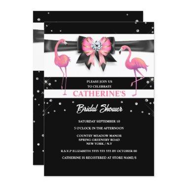 Flamingo pink black bridal shower glitter glam Invitations