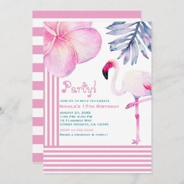 Flamingo Pink & White Stripes Birthday Party Invitations