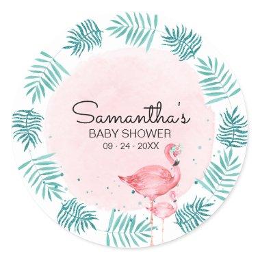 Flamingo & Tropical Leaves Watercolor Baby Shower Classic Round Sticker