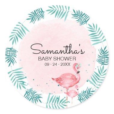 Flamingo & Tropical Leaves Watercolor Baby Shower Classic Round Sticker