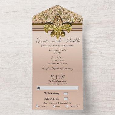 Fleur-de-lis Blush Pink Gold Glitter Glam Wedding All In One