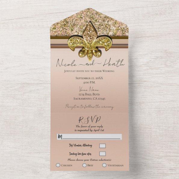 Fleur-de-lis Blush Pink Gold Glitter Glam Wedding All In One