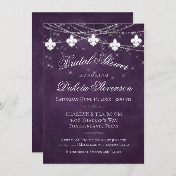 Fleur de Lis Lights | Plum Purple Bridal Shower Invitations