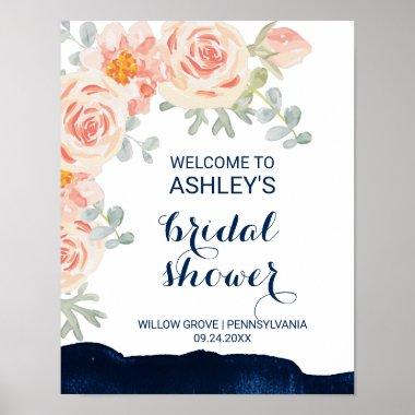 Floral and Navy Watercolor Bridal Shower Welcome Poster