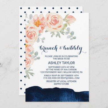 Floral and Navy Watercolor Brunch and Bubbly Invitations
