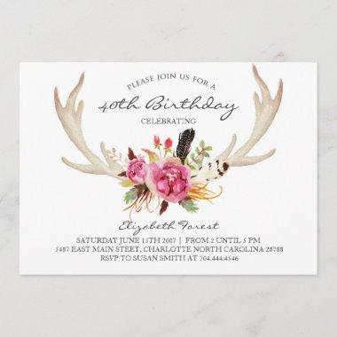 Floral antler boho birthday party Invitations