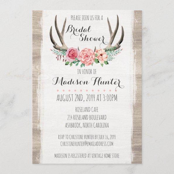 Floral Antlers Rustic Wedding Bridal Shower Custom Invitations