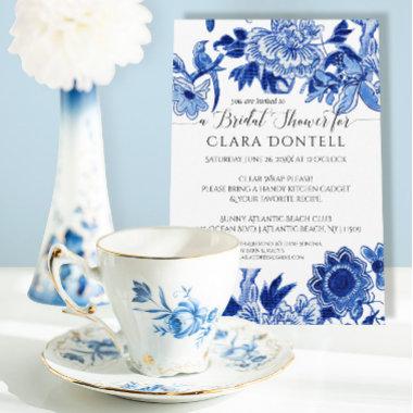 Floral Asian Influence Blue White Bridal Shower Invitations