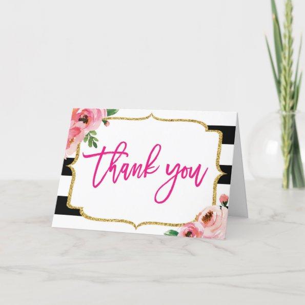 Floral Black and White Striped Thank you Invitations