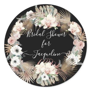 Floral Black Blush White Rustic Wood Palm Foliage Classic Round Sticker