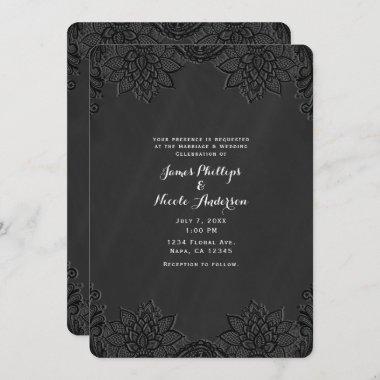 Floral Black Chalkboard & Lace Country Wedding Invitations