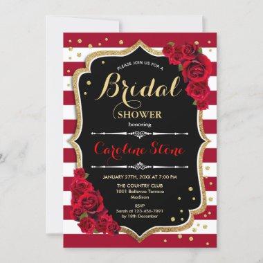 Floral Black Gold Red Stripes Bridal Shower Invitations
