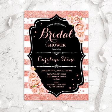 Floral Black Rose Gold Stripes Bridal Shower Invitations
